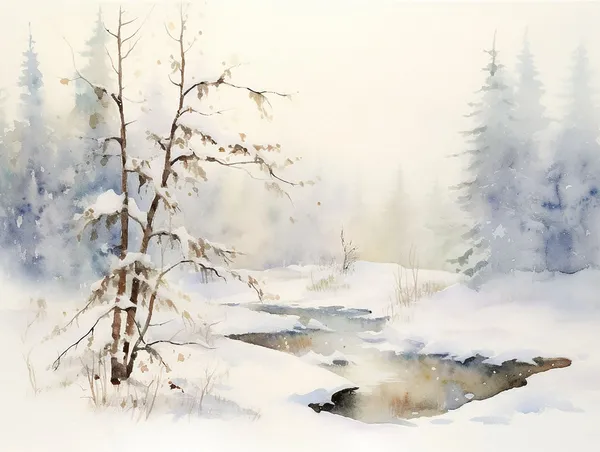 Winter Scene Watercolor Snow Landscape Art Print