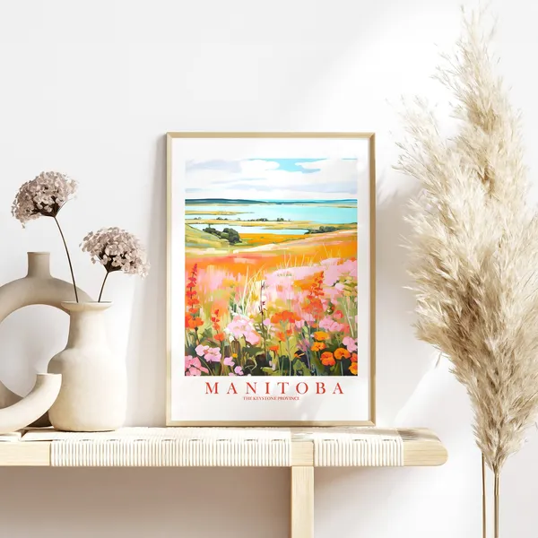 Manitoba Travel Poster, Retro Wildflowers Art Print