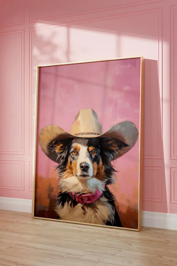 Vintage Dog Cowgirl Hat Print, Western Puppy Art