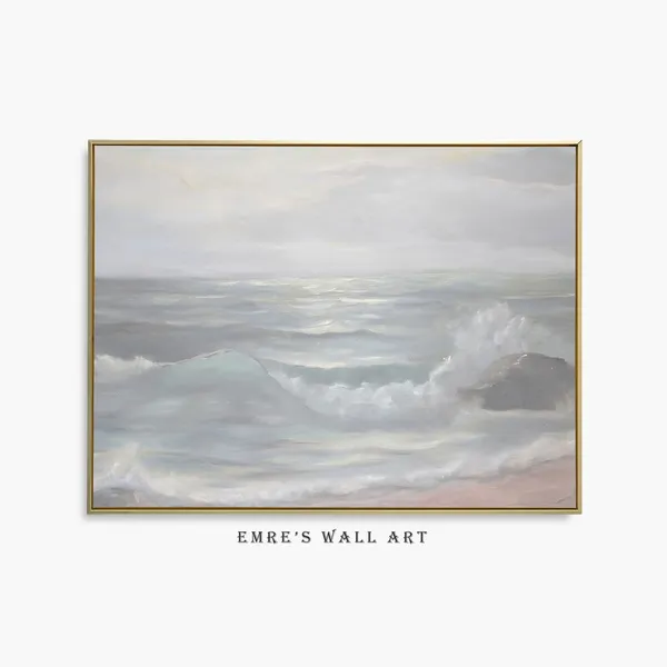 Muted Seascape Vintage Print, Neutral Coastal Farmhouse