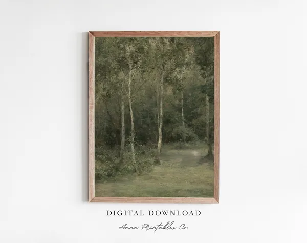 Forest Scene Vintage Oil Painting Art Print, Farmhouse Decor