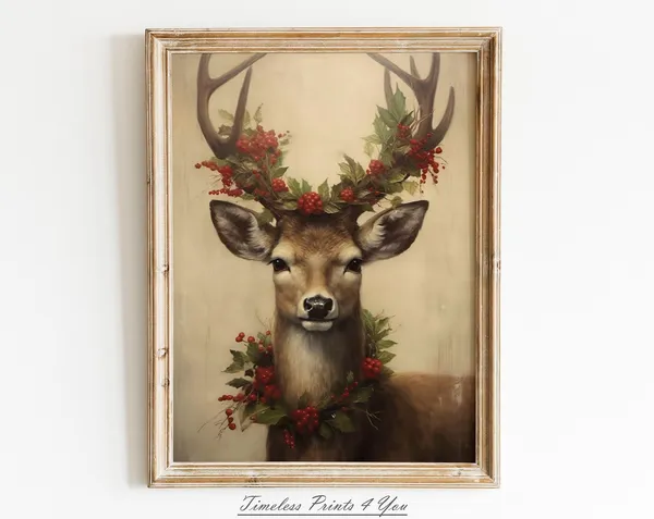Deer Art Print, Vintage Winter Scene with Holly