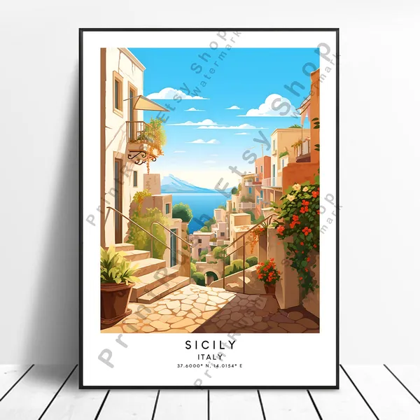 Sicily Minimalist Italy Travel Poster, Christmas Gift