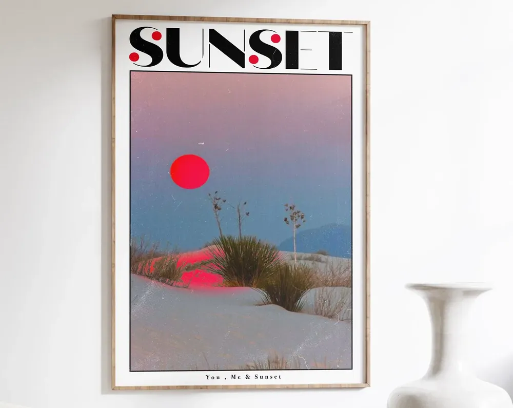 Retro Sunset Art Print, 70s Style Red