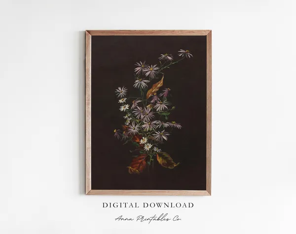 Daisies and Aster Antique Moody Floral Art Print