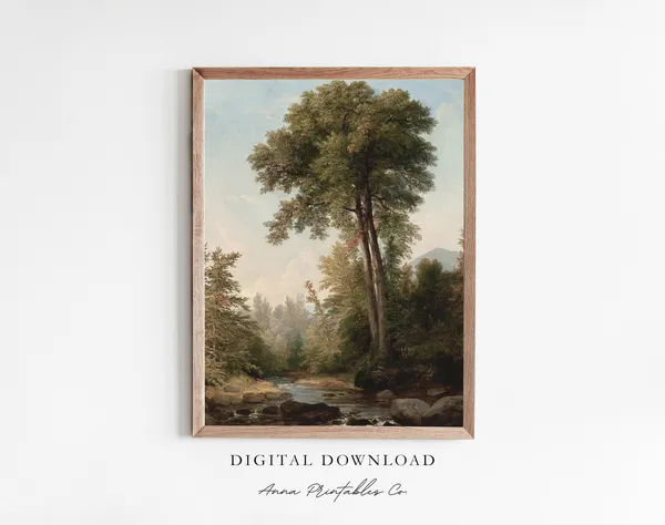 Morning Landscape Antique Forest Creek Painting