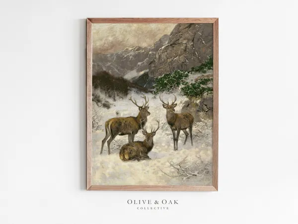 Vintage Reindeer Painting, Winter Landscape Art Print