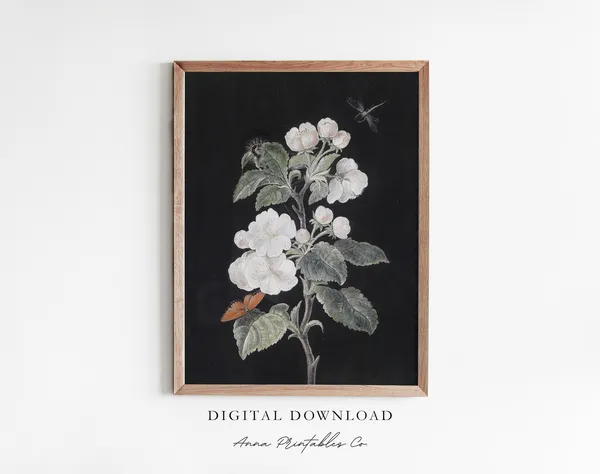 Flowering Branch Vintage Botanical Art Print, Dark Cottagecore
