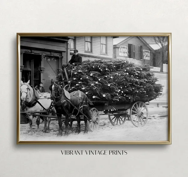 Vintage Christmas Tree Wagon, Black and White Poster Print