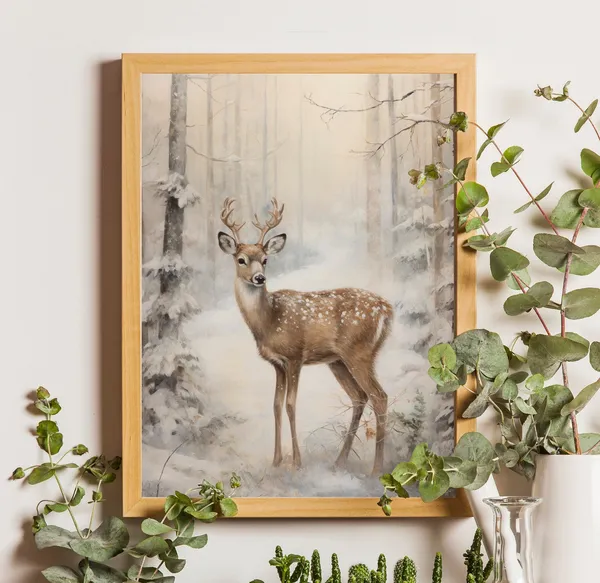 Vintage Christmas Deer Painting, Winter Forest Art Print