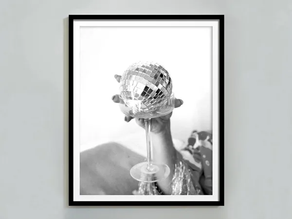 Disco Ball Poster, Black and White Cocktail Art