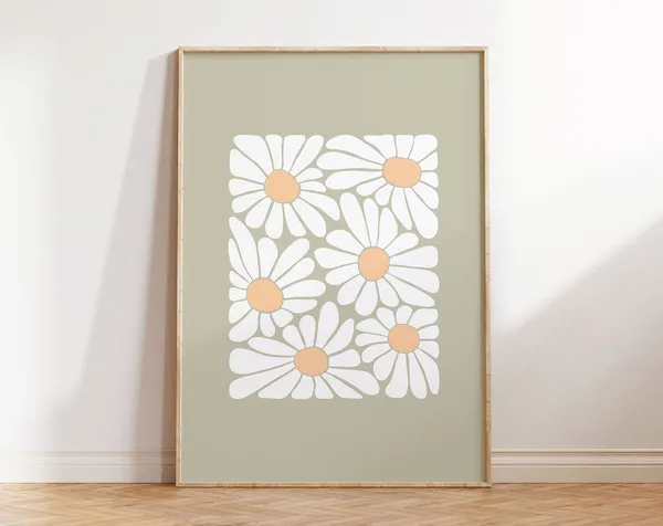 Sage Green Daisy Floral Art Print, Modern Autumn