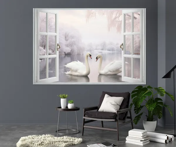 Open Window With Swans, Winter Lake View Art Print
