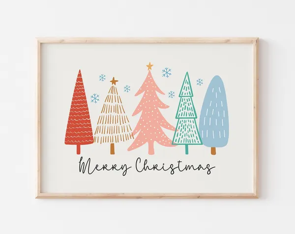 Cute Merry Christmas Tree Art Print, Cozy Holiday Decor