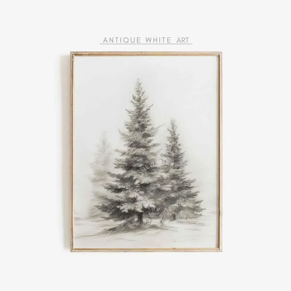 Winter Farmhouse Christmas Sketch Pine Trees Art Print