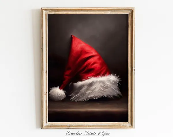 Santa Hat Vintage Christmas Art Print, Rustic Decor