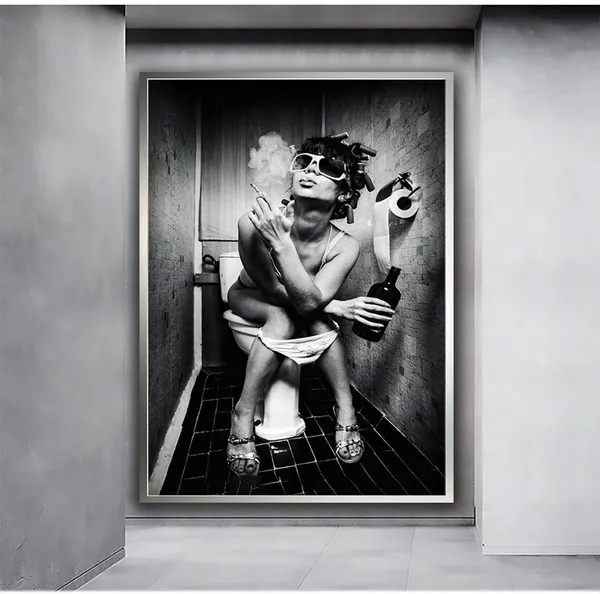 Woman Drinking in the Toilet, Modern Wall Art Print
