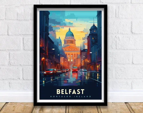 Belfast Northern Ireland Travel Poster, Cityscape Illustration
