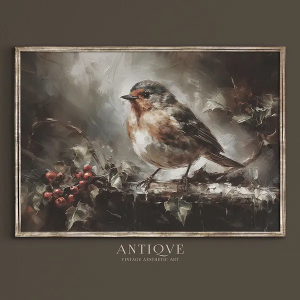 Winter Robin Painting, Rustic Christmas Decor