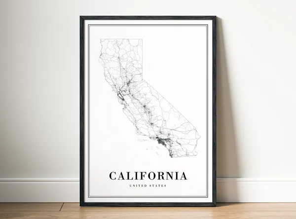 California State Map Print, Black and White Travel Poster