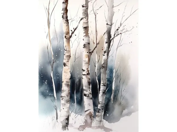 Snowy Birch Tree Watercolor Art Print, Aspen Forest