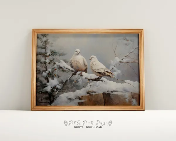 Turtle Doves Christmas Art Print, Rustic Vintage Holiday