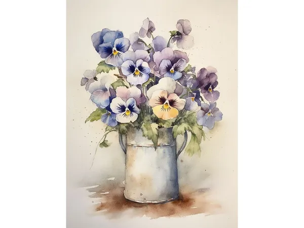 Pansy and Violets in Enamel Pot, Watercolor Art Print