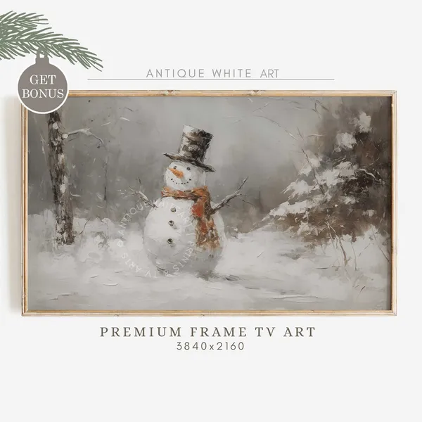 Snowman Vintage Christmas Painting, Cottagecore Decor