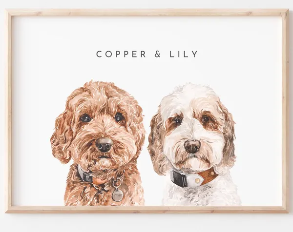 Two Pet Watercolor Portrait Custom Pet Print