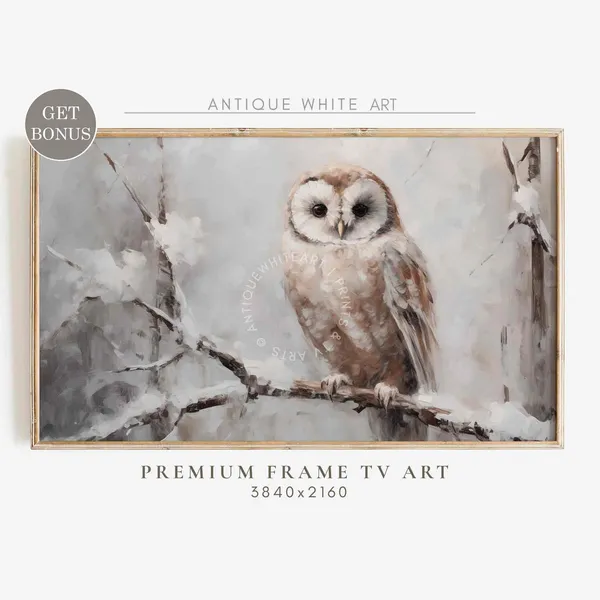 Farmhouse Owl in Winter Painting, Vintage Winter Art