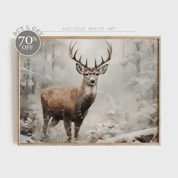 Vintage Deer In Winter Art Print, Farmhouse Holiday