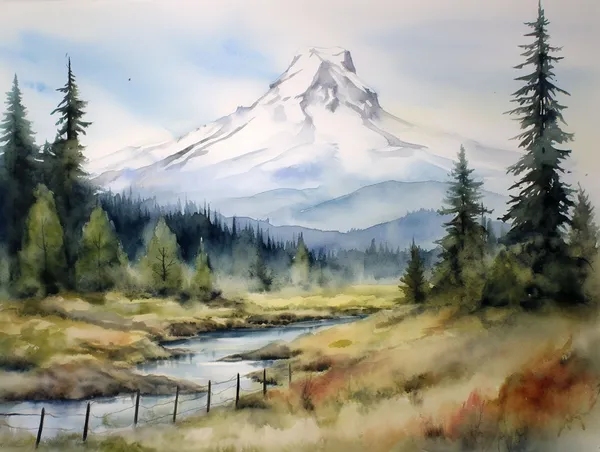 Mt Hood Watercolor Art Print, Oregon Landscape