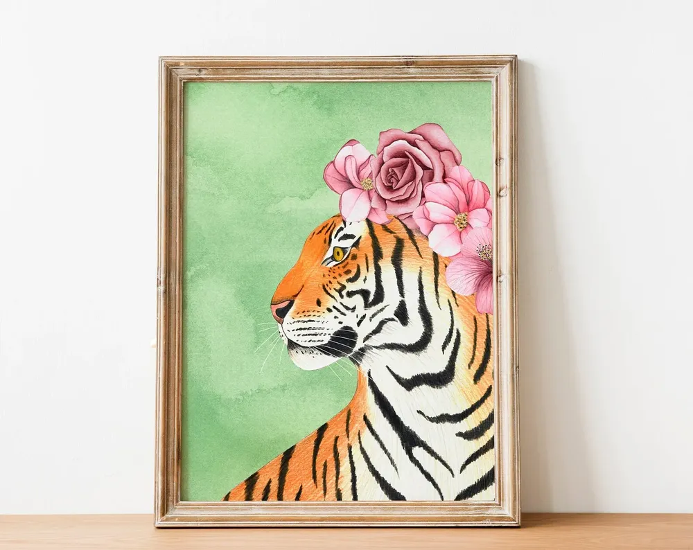 Tiger Animal Print, Floral Jungle Illustration Art Print