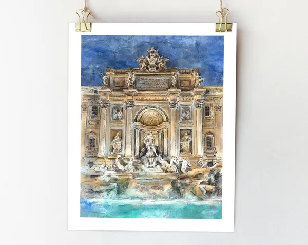 Trevi Fountain Night Watercolor Sketch Art Print