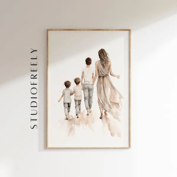 Mother And Sons Watercolor Art Print, Beach Walk