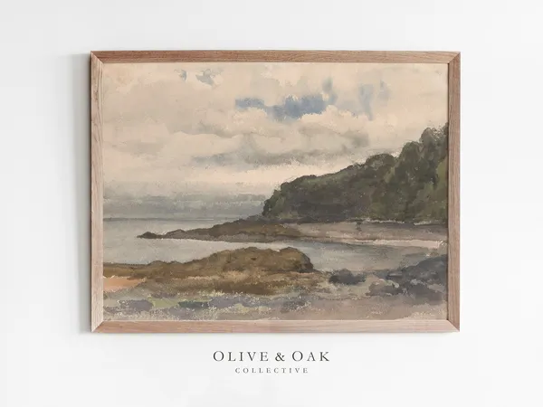 Muted Coastal Watercolor Landscape, Neutral Art Print