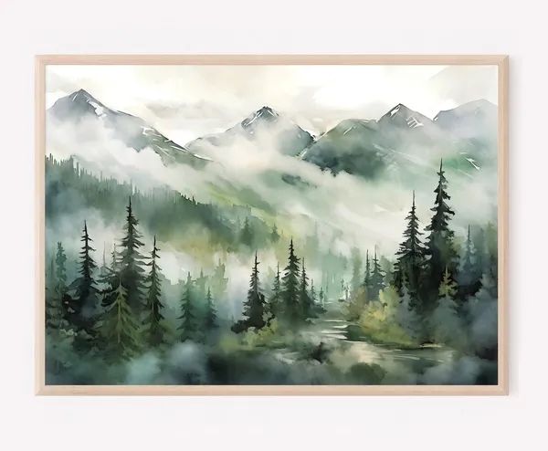 Foggy Forest Watercolor Alaska Landscape Art Print