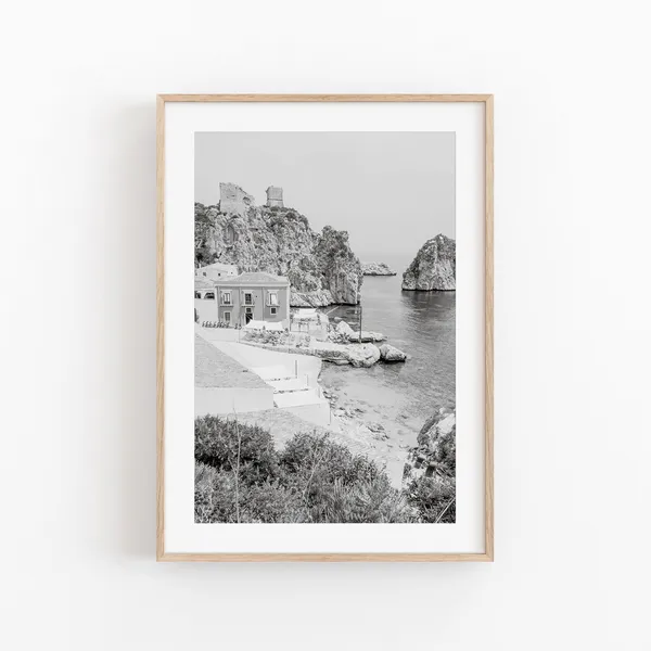 Black And White Sicily Italy Travel Poster, Beach