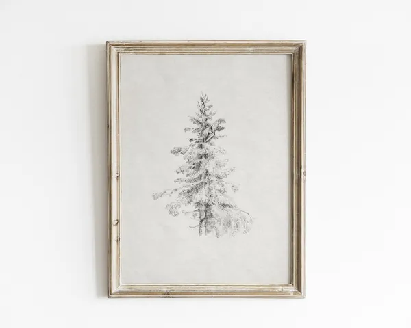 Vintage Evergreen Tree Sketch, Neutral Art Print
