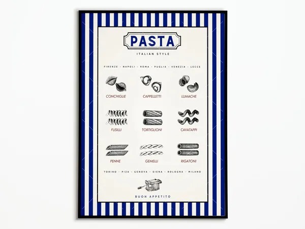 Vintage Italian Pasta Poster, Penne Kitchen Wall Art Print
