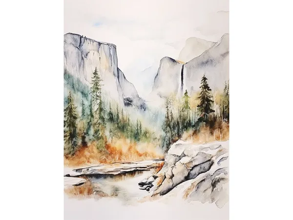 Yosemite Valley Watercolor Art Print, El Capitan
