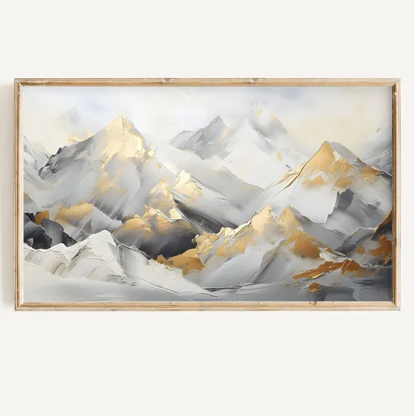 Winter Abstract Art Print, Modern Gold Frame TV