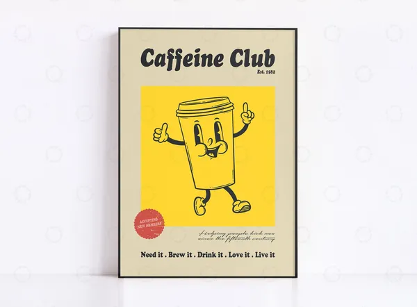 Coffee Caffeine Club Retro Bar Decor Poster