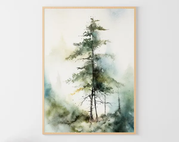 Pine Tree Watercolor Misty Forest Landscape Art Print