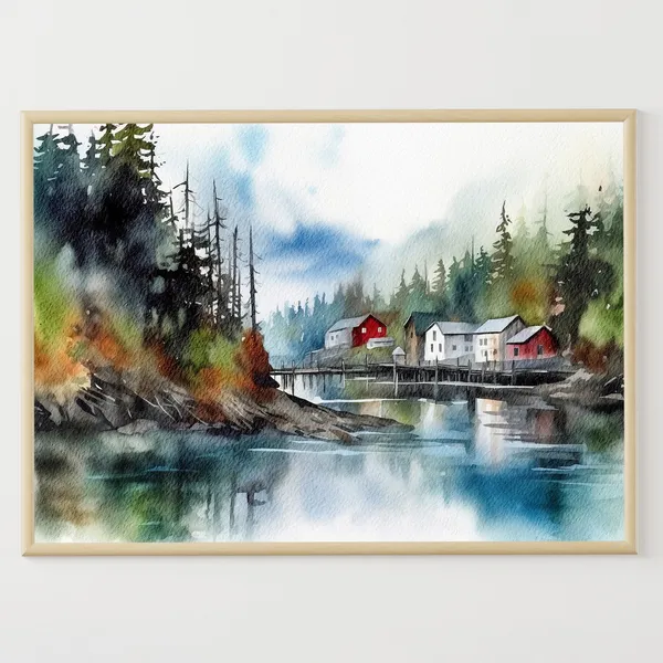 Ketchikan Alaska Watercolor Travel Poster, Pine Trees