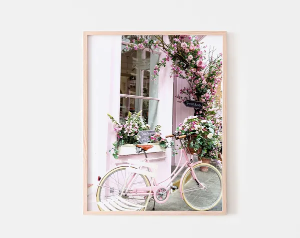 Bicycle Print, Pink Bike Botanical Wall Art