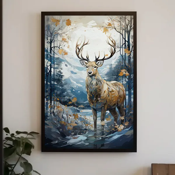 Golden Deer in a Snowy Landscape, Christmas Art Print