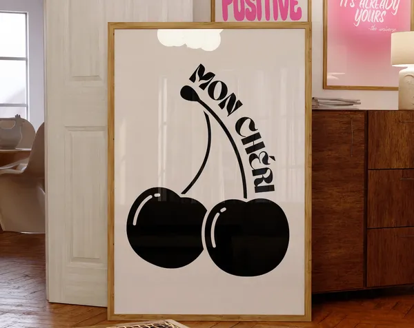 Mon Cheri Retro Cherry Art Print, Neutral Decor