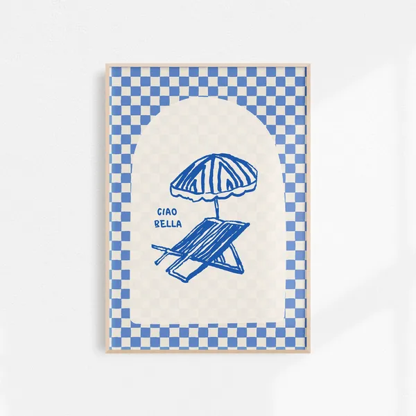 Ciao Bella Italy Poster, Retro Beach Umbrella Art