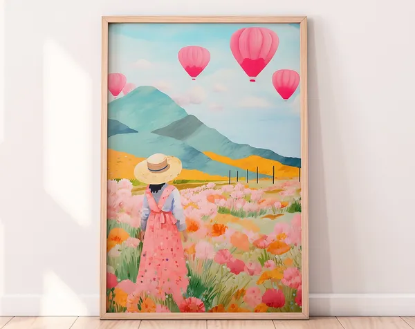 Colorful Meadow Hot Air Balloon Art Print